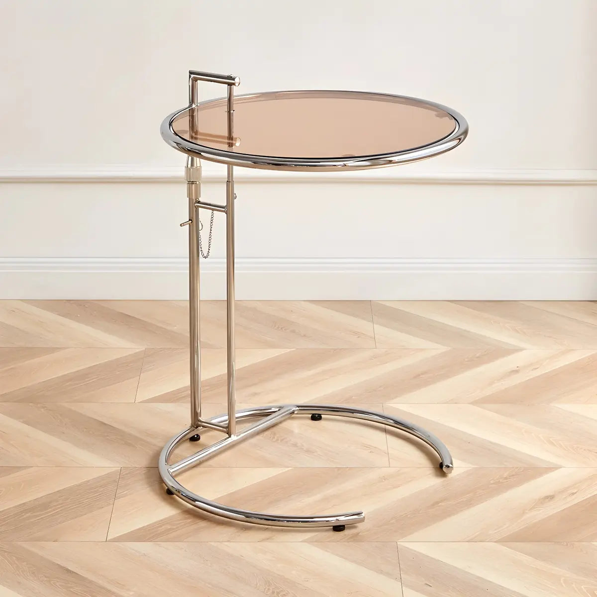 Silver Round Glass Adjustable Height C-Shaped End Table Image - 3