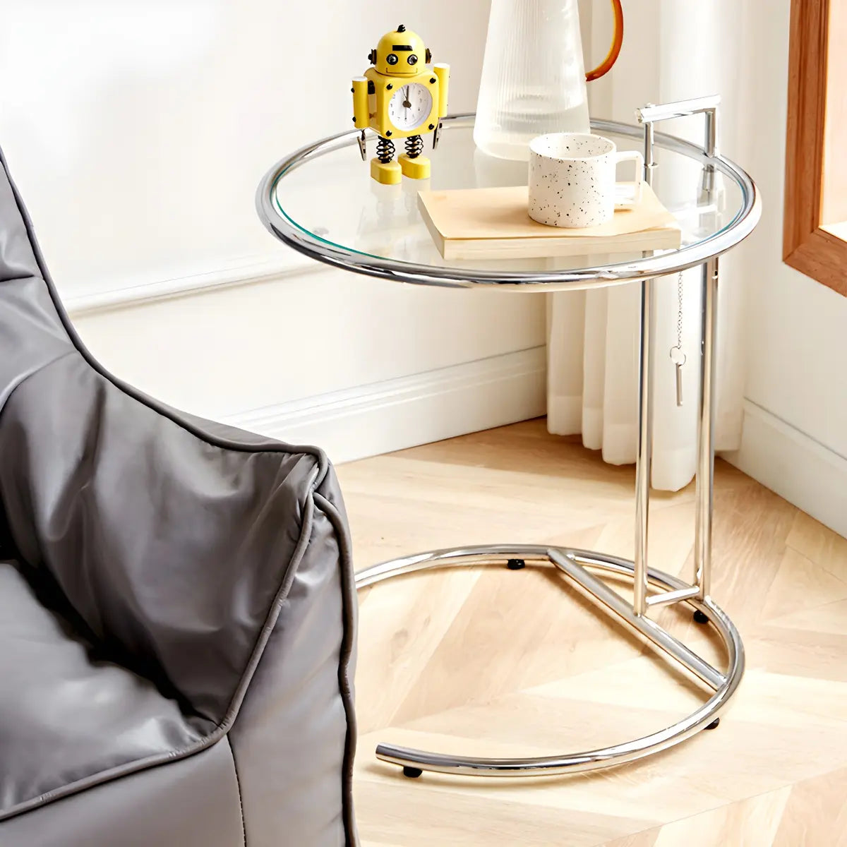 Silver Round Glass Adjustable Height C-Shaped End Table Image - 6