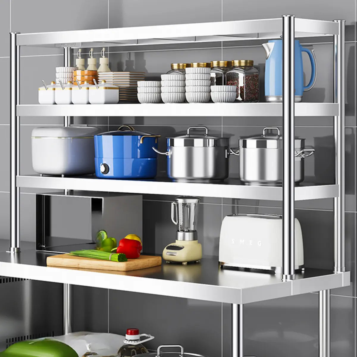 Silver Stainless Steel Baker's Rack with Microwave Shelf Image - 2