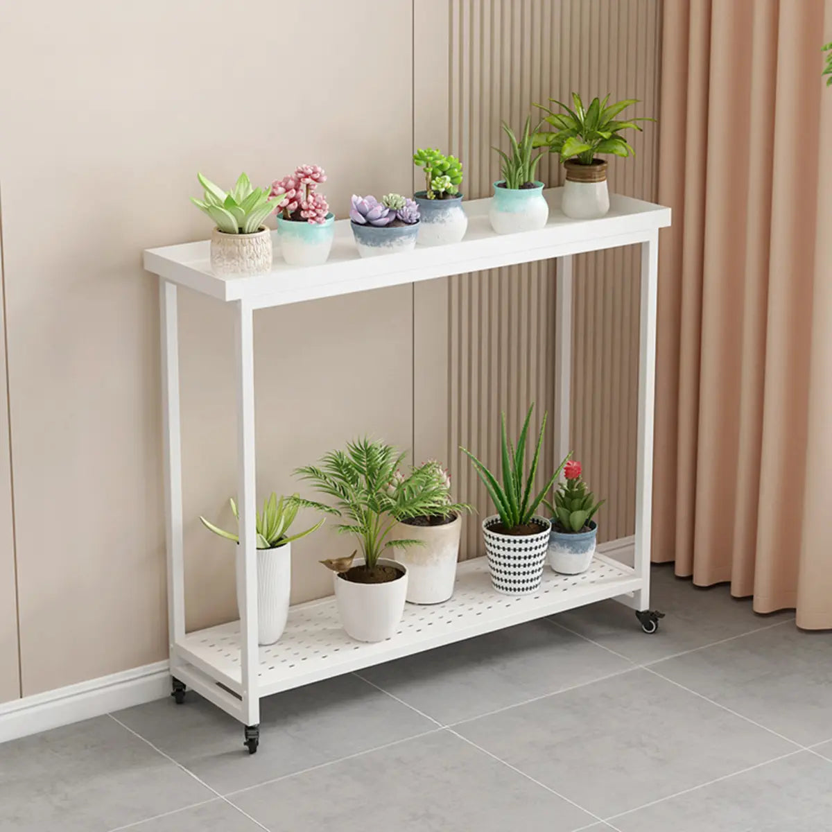 Simple 2 Tier Rectangle Metal Sliding Plant Stand White Image - 11