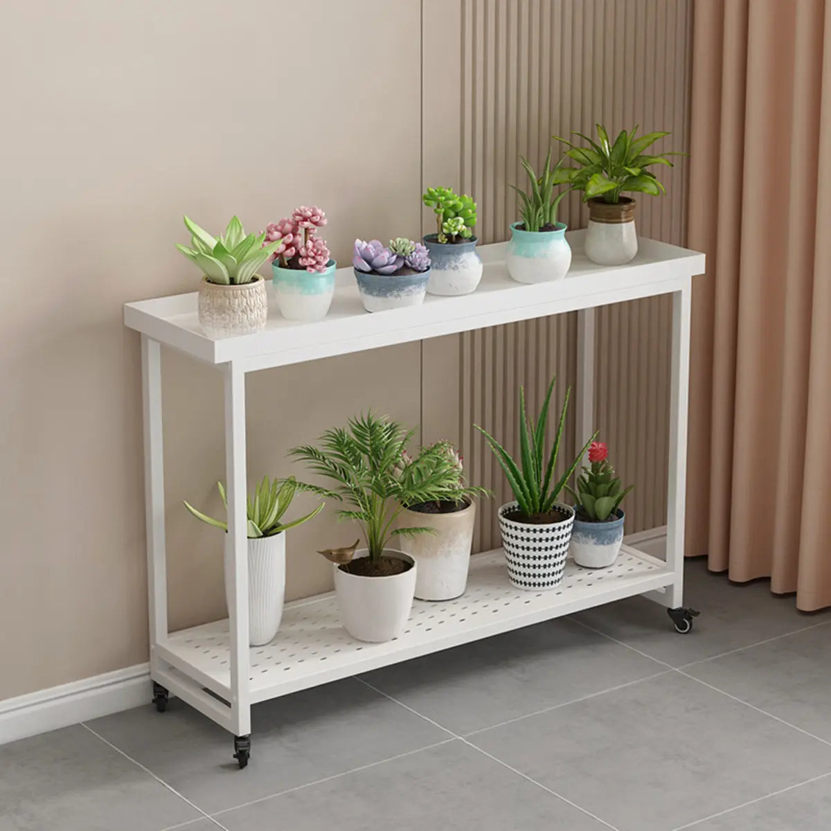 Simple 2 Tier Rectangle Metal Sliding Plant Stand White Image - 7