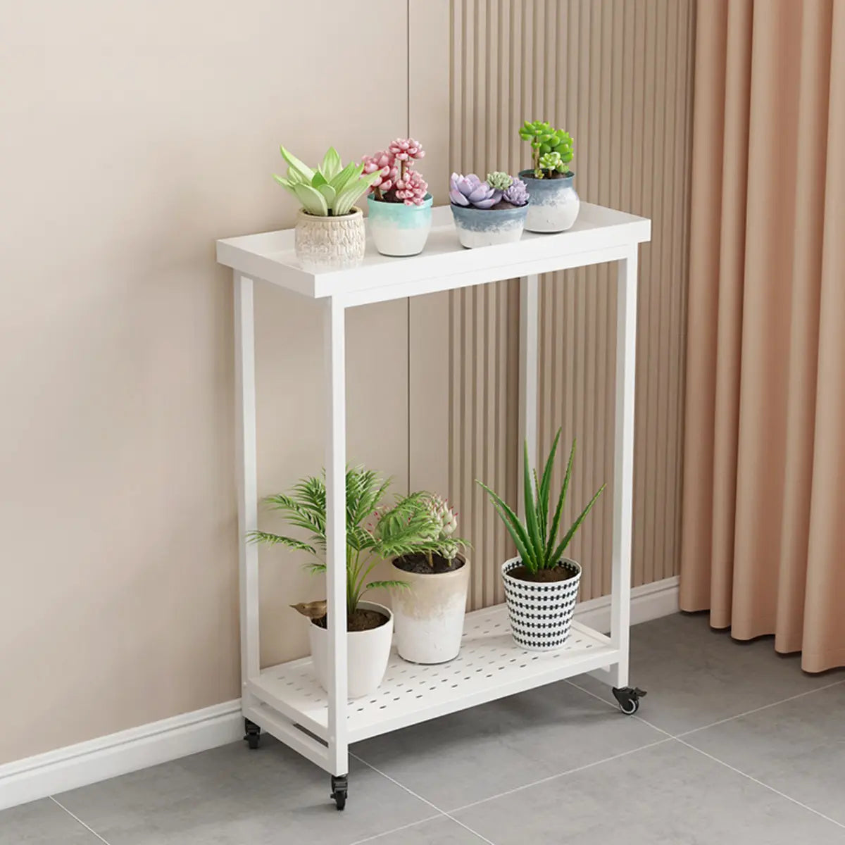 Simple 2 Tier Rectangle Metal Sliding Plant Stand White Image - 9