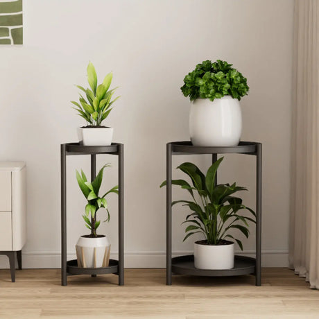 Simple 2-Tiers Round Floor Metal Base Plant Stand Black Image - 1