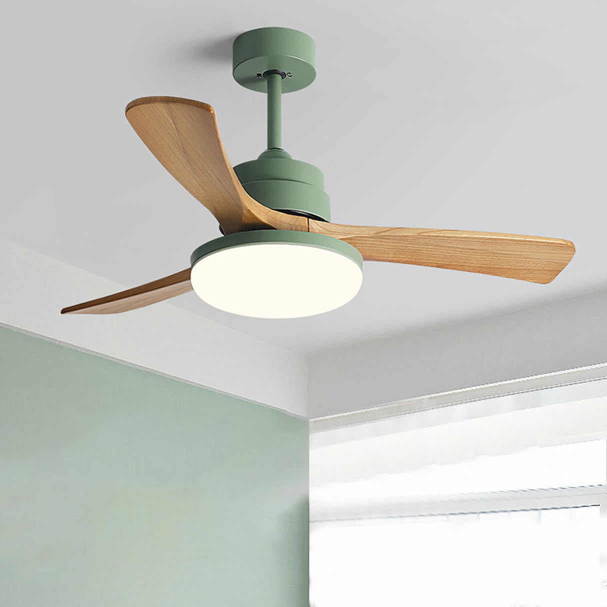 Simple 3 Solid Wood Blades Modern Ceiling Fan Light Image - 1