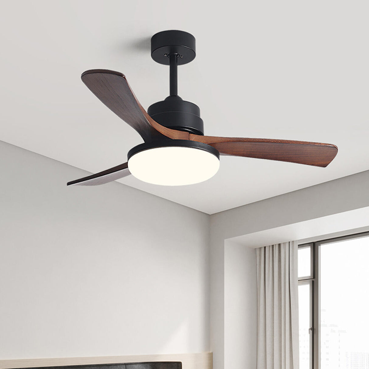 Simple 3 Solid Wood Blades Modern Ceiling Fan Light Image - 3