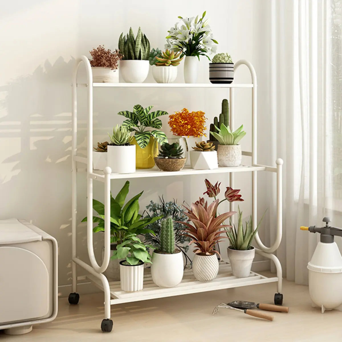 Simple 3-Tier Metal Indoor Rolling Plant Stand Cream Image - 1