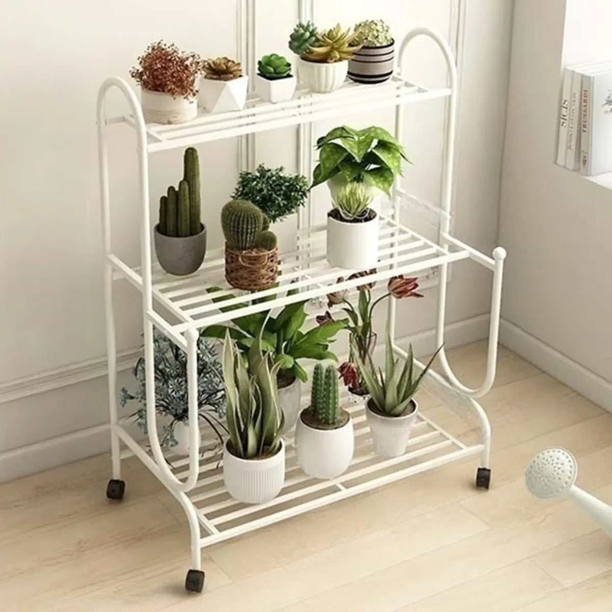 Simple 3-Tier Metal Indoor Rolling Plant Stand Cream Image - 2