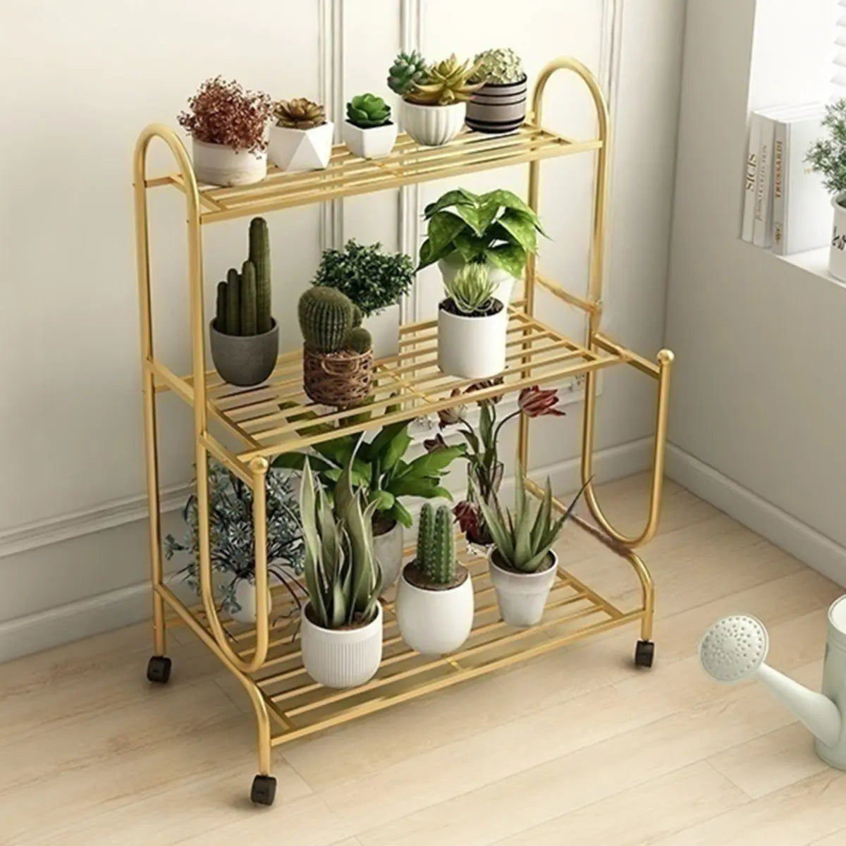 Simple 3-Tier Metal Indoor Rolling Plant Stand Cream Image - 4