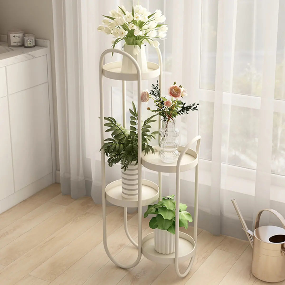 Simple 3-Tier Metal Indoor Rolling Plant Stand Cream Image - 6