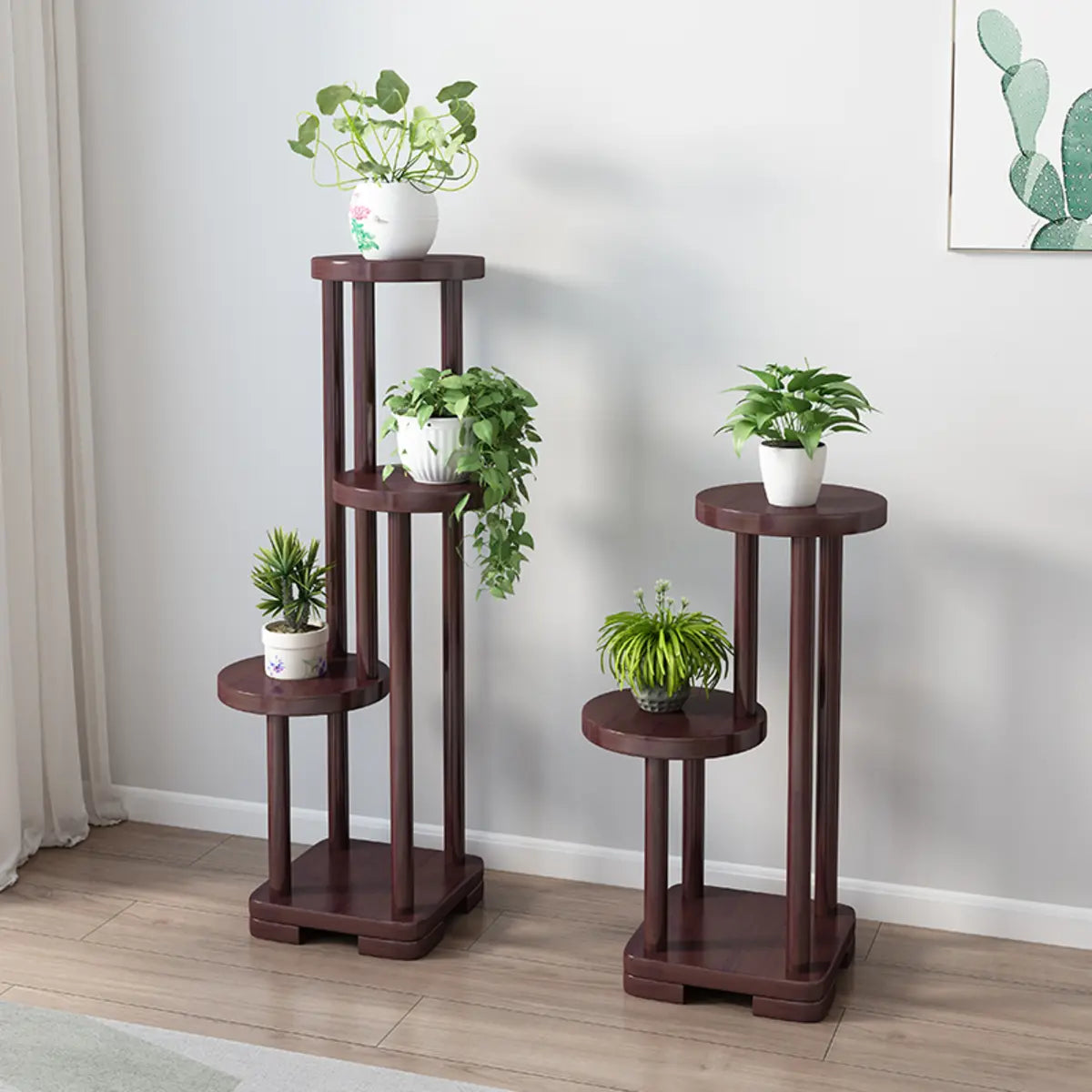 Simple 3 Tiers Round Tray Solid Wood Floor Plant Stand Image - 7