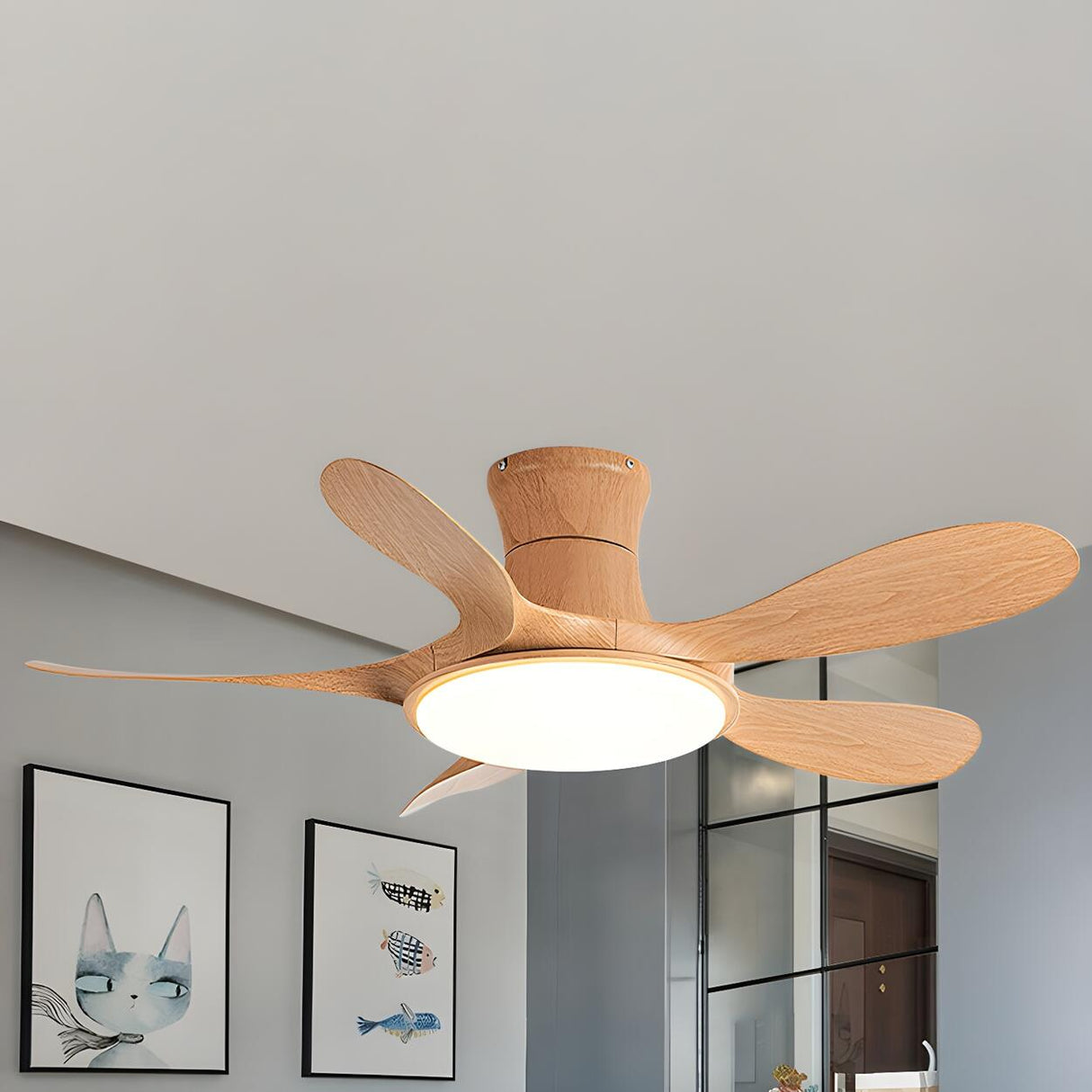 Simple 5 Blade Wood Modern Ceiling Fan with LED Light Image - 9