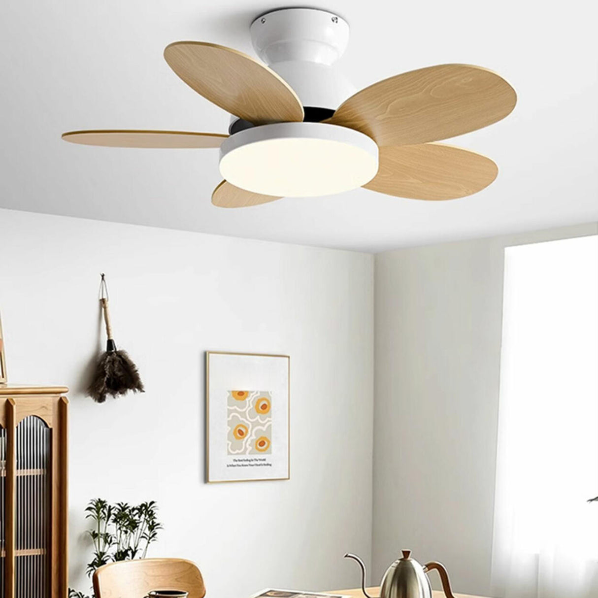 Simple 5 Solid Wood Blade Modern LED Ceiling Fan Light Image - 2