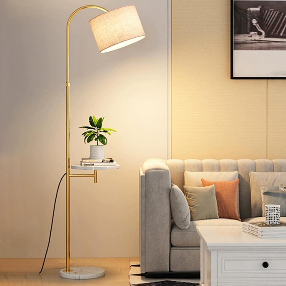 Simple Adjustable Barrel Gold Floor Lamp with Storage Image - 1