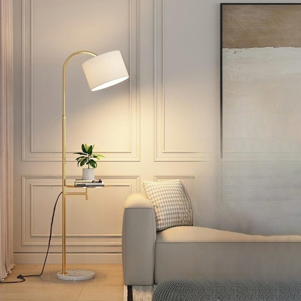 Simple Adjustable Barrel Gold Floor Lamp with Storage Image - 3