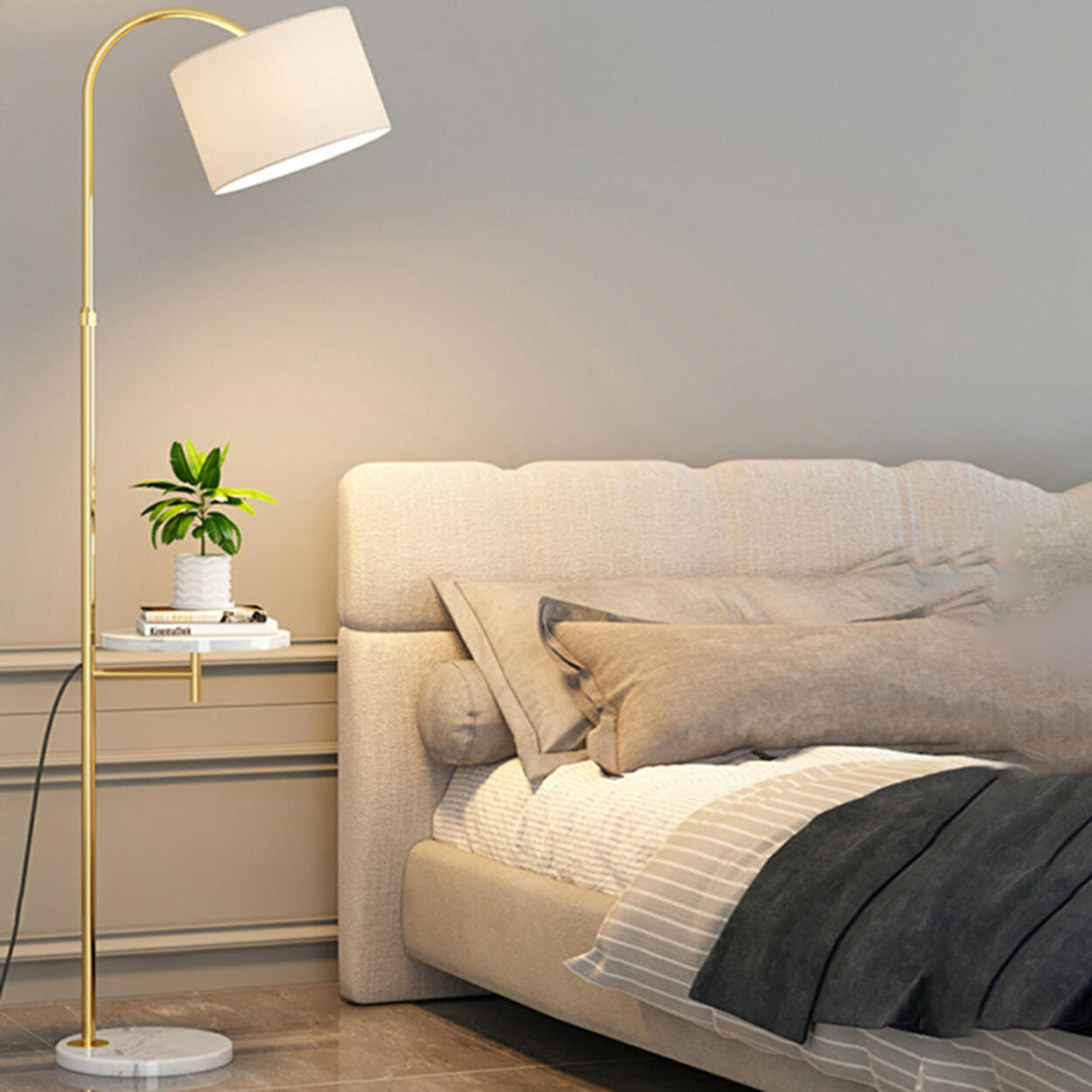 Simple Adjustable Barrel Gold Floor Lamp with Storage Image - 4