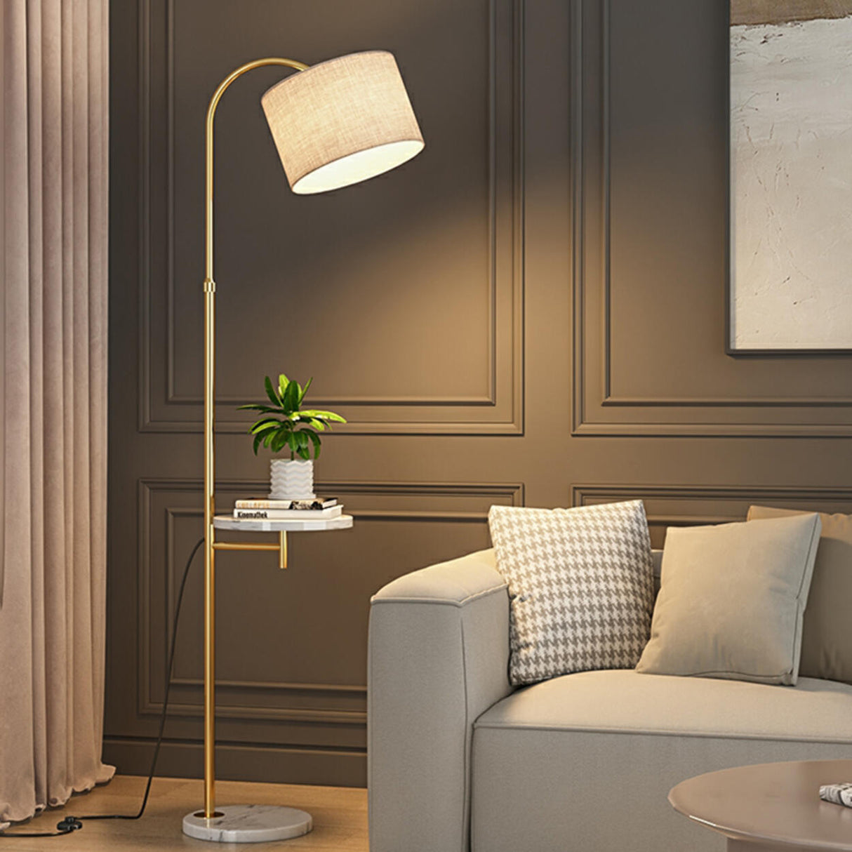 Simple Adjustable Barrel Gold Floor Lamp with Storage Image - 8