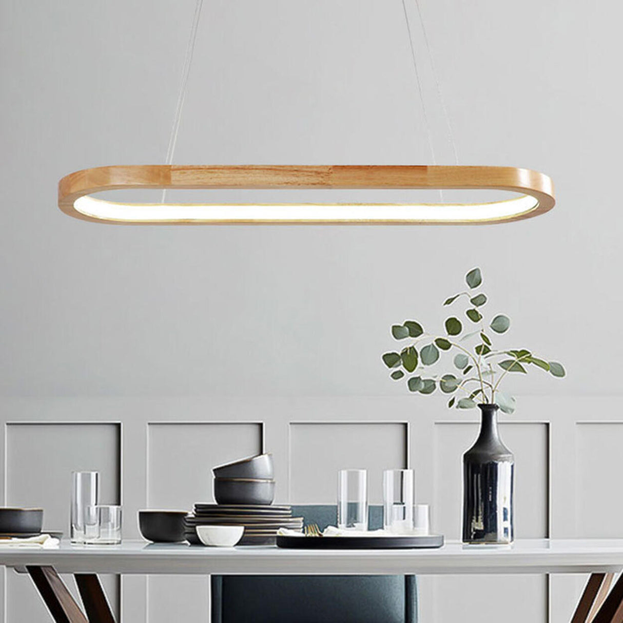 Simple Adjustable Wooden Oval Island LED Pendant Light Image - 17