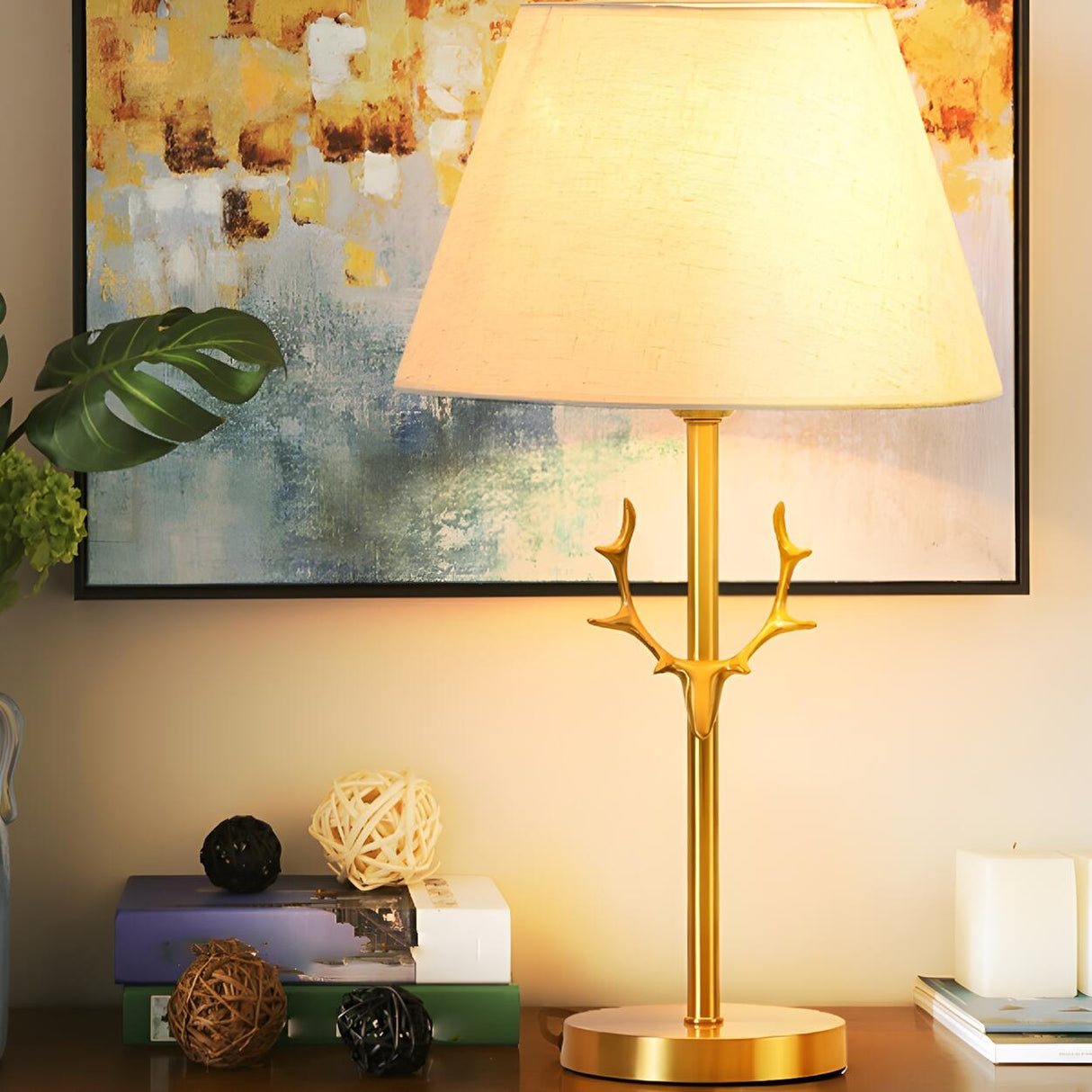 Simple Art Fabric Lampshade Golden Antler Table Lamp Image - 11