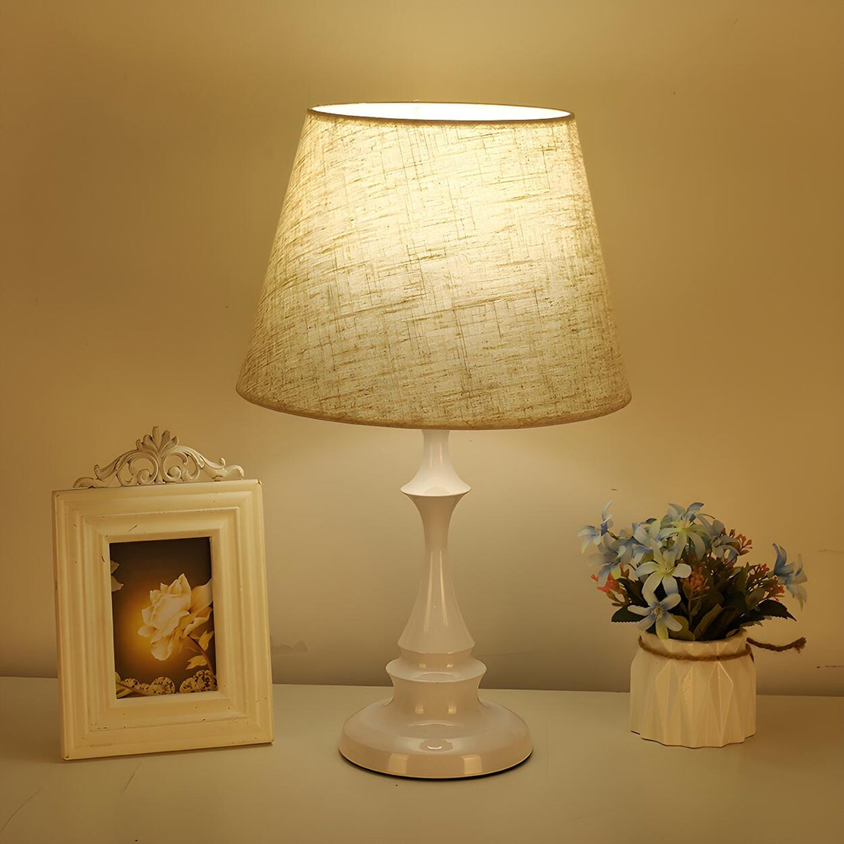 Simple Barrel Fabric Shade Art Conical Base Table Lamp Image - 1