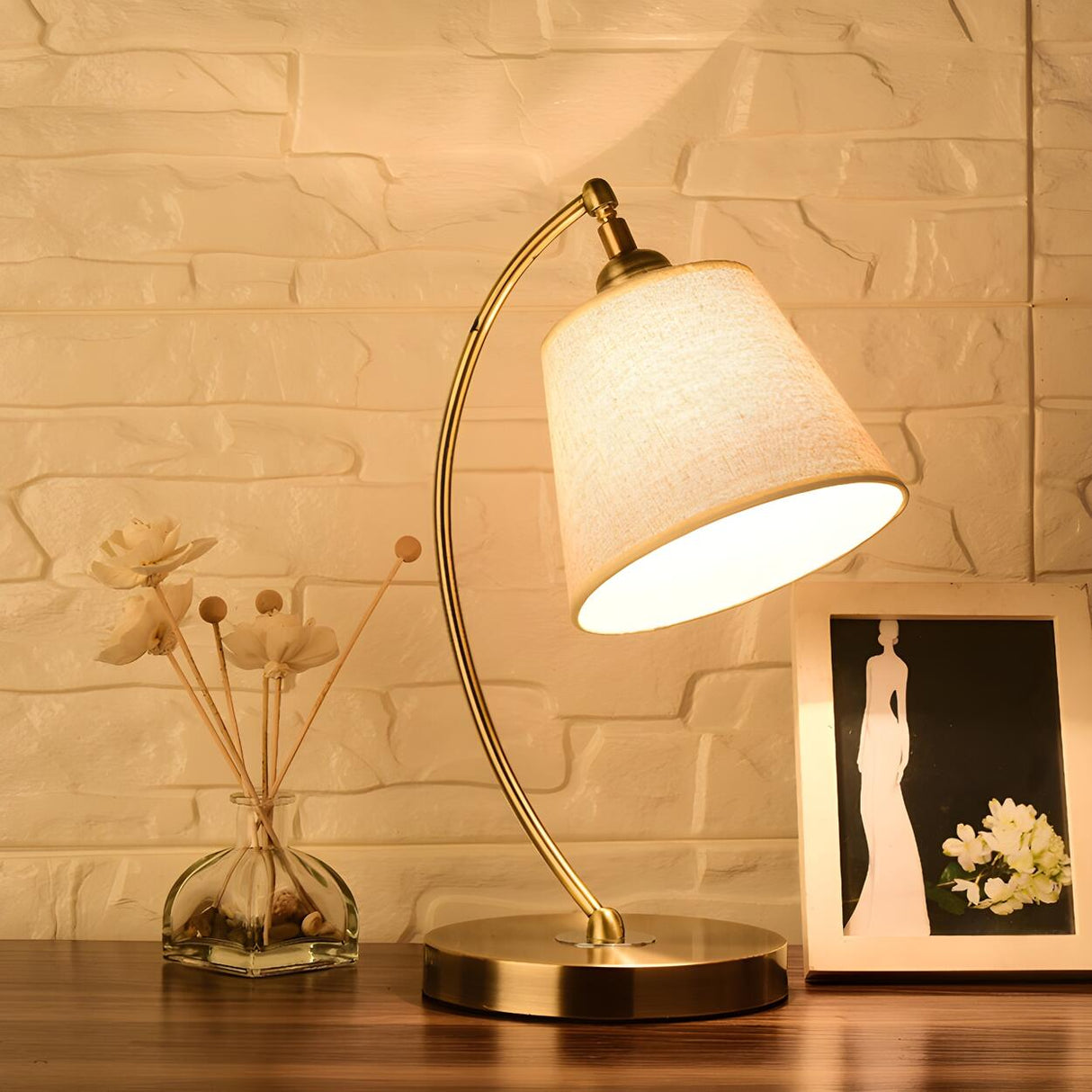 Simple Barrel Fabric Shade Curved Arm Bronze Table Lamp Image - 4