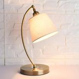 Simple Barrel Fabric Shade Curved Arm Bronze Table Lamp Image - 7