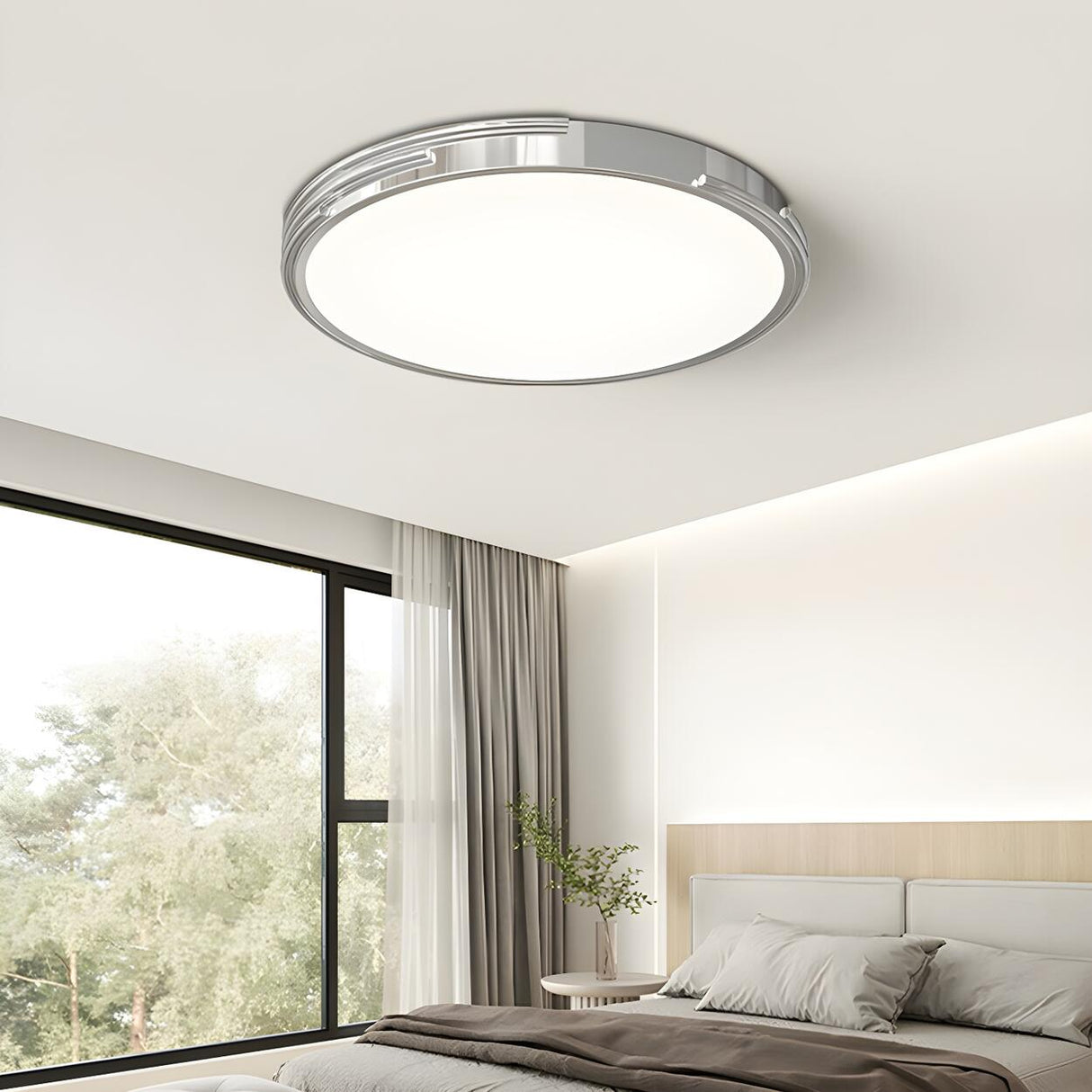 Simple Bedroom Chrome Round Flush Mount Ceiling Light Image - 1