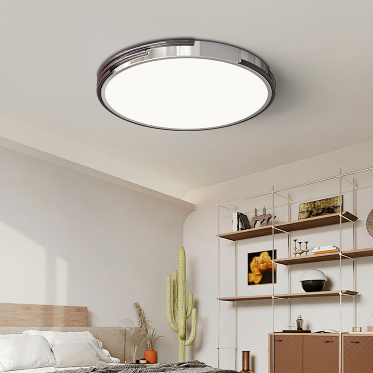 Simple Bedroom Chrome Round Flush Mount Ceiling Light Image - 3