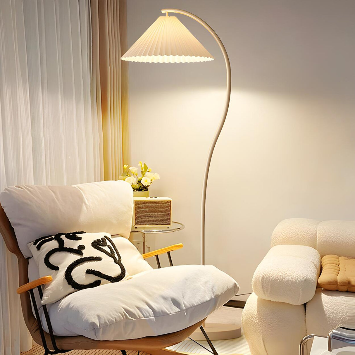 Simple Bedroom Cone White Curved Metal Floor Lamp Image - 2