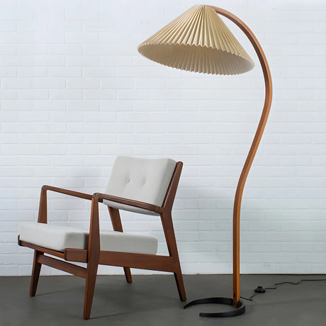 Simple Beige Cone and Curved Wooden LED Floor Lamp Image - 1