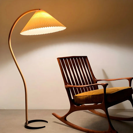 Simple Beige Cone and Curved Wooden LED Floor Lamp Image - 2