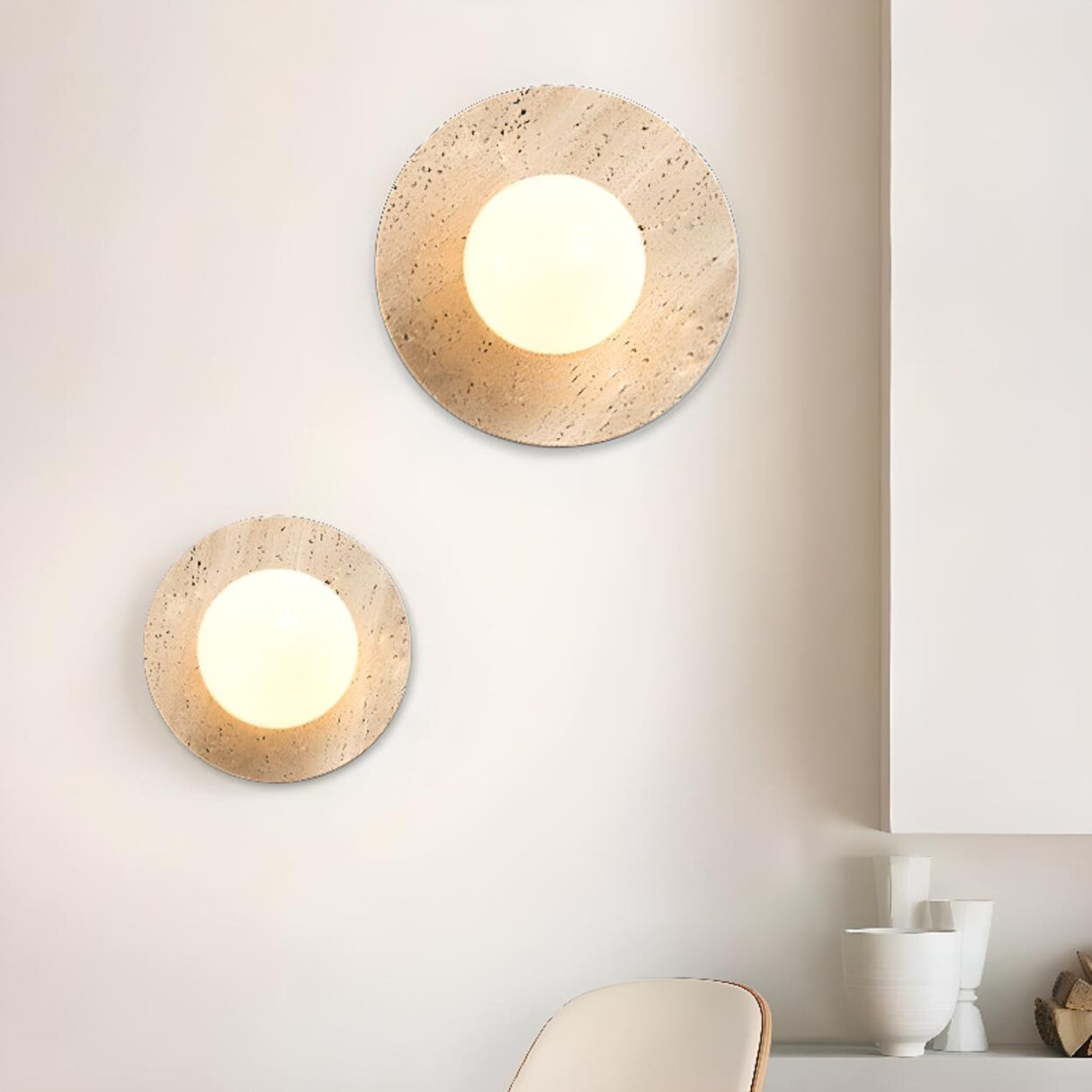 Simple Beige Stone Globe Wall Sconce with Pull Chain Image - 2