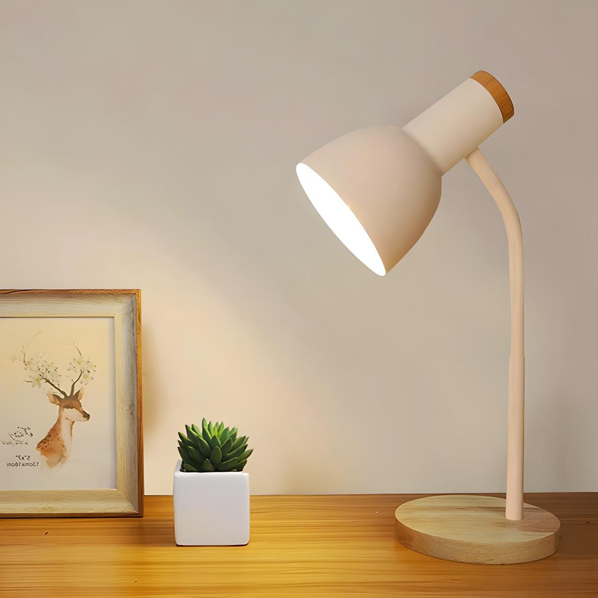 Simple Bell Shape Shade Wooden Base Modern Table Lamp Image - 1