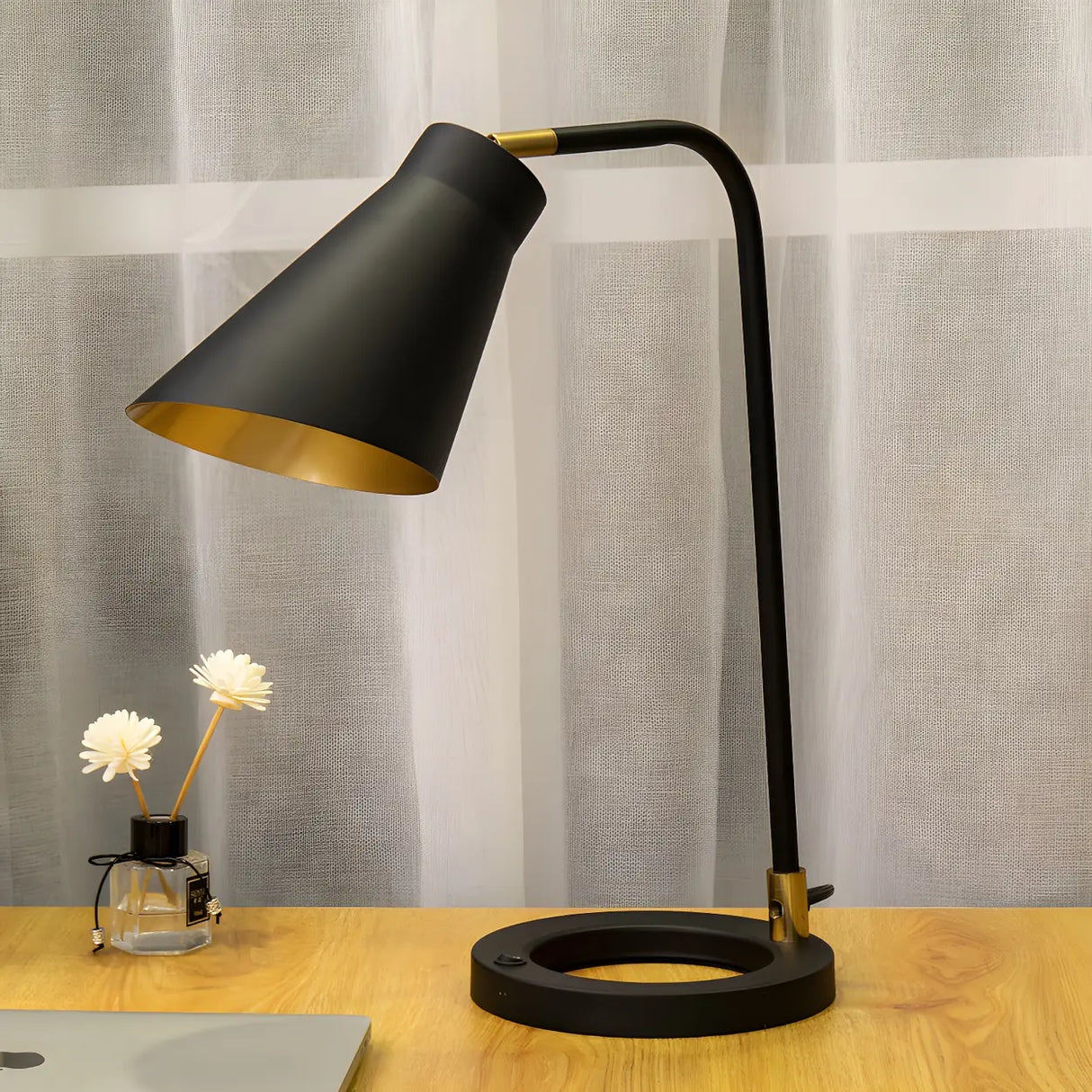 Simple Black Conical  Adjustable Shade Metal Table Lamp Image - 3