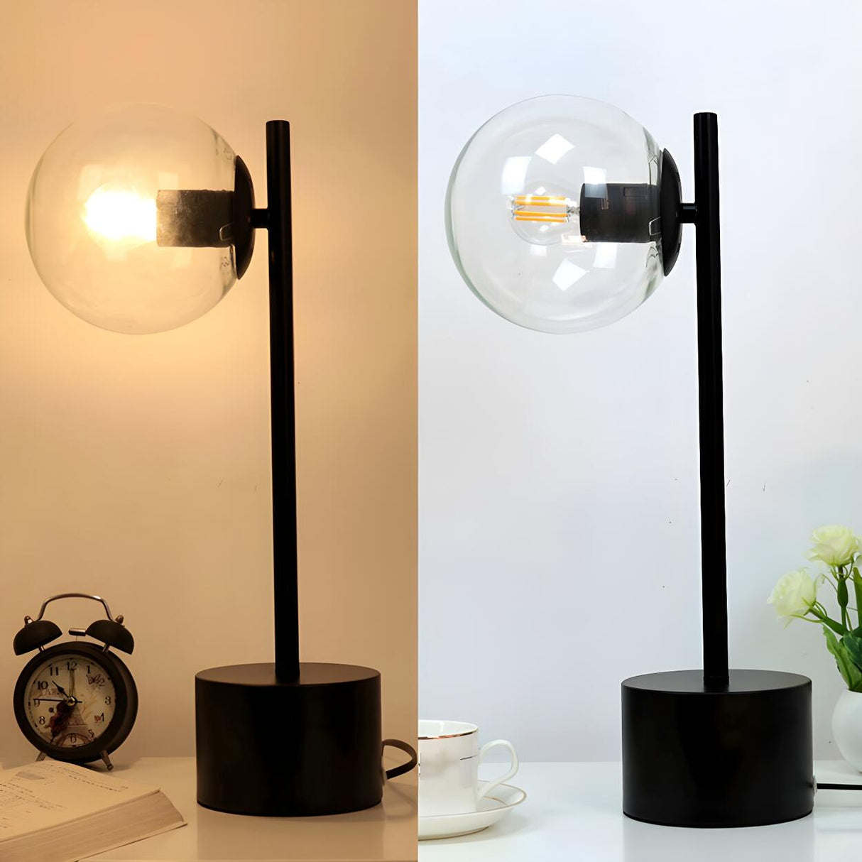 Simple Black Cylinder Base Glass Ball Shade Table Lamp Image - 11