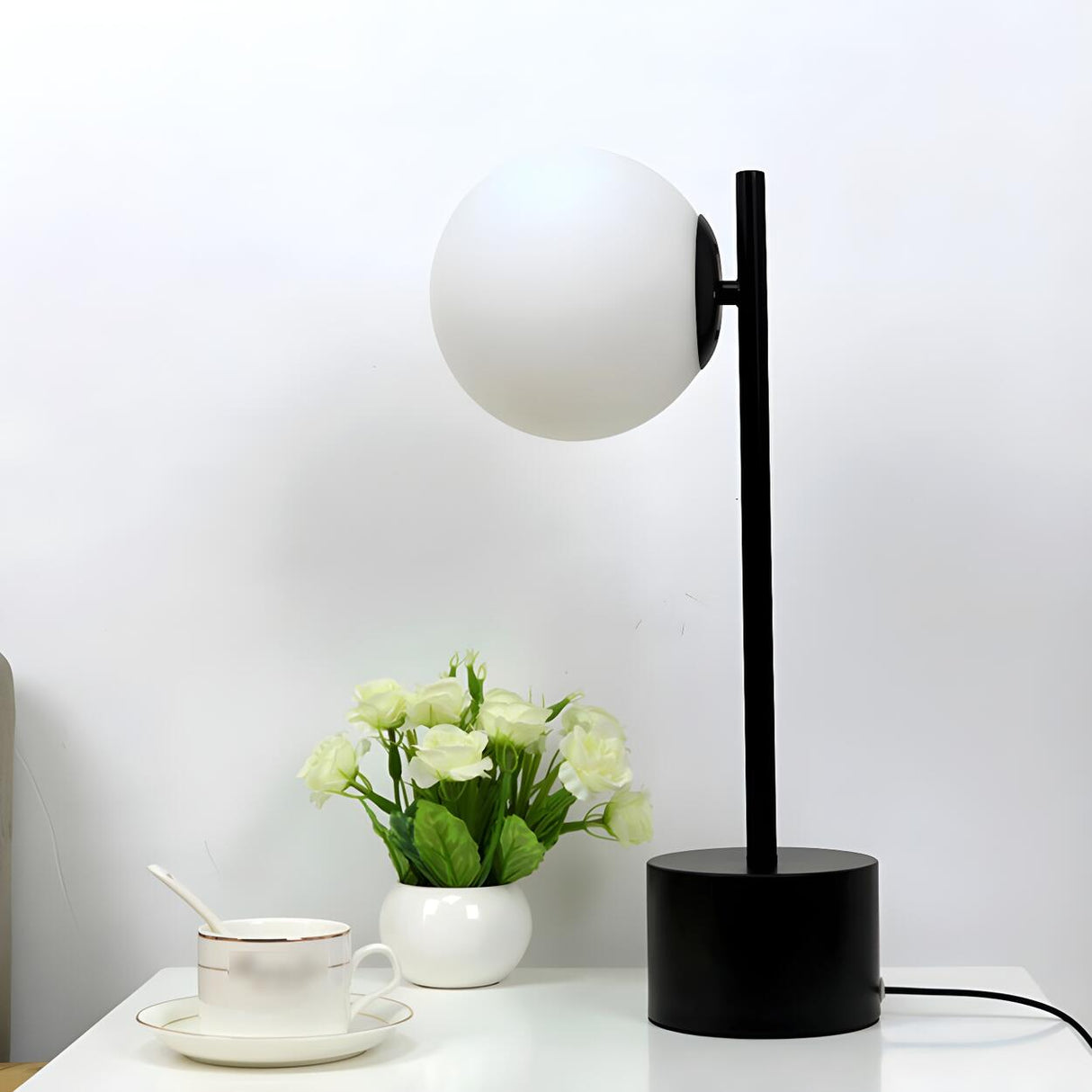 Simple Black Cylinder Base Glass Ball Shade Table Lamp Image - 15