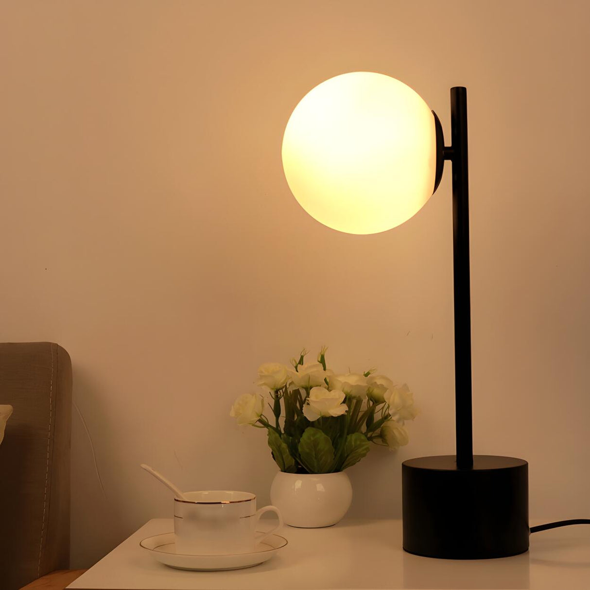 Simple Black Cylinder Base Glass Ball Shade Table Lamp Image - 6