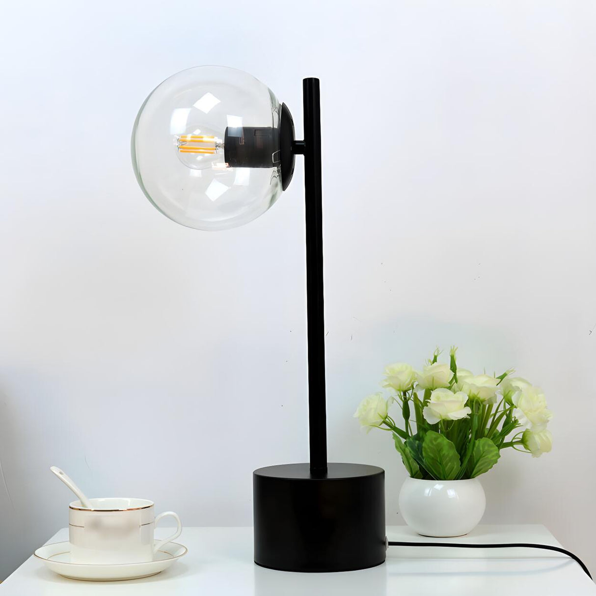 Simple Black Cylinder Base Glass Ball Shade Table Lamp Image - 8