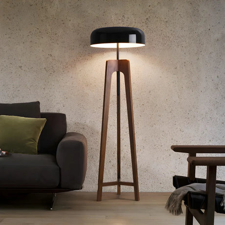 Simple Black Dome Shade Wooden Tripod Floor Lamp Image - 1