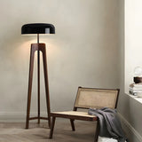 Simple Black Dome Shade Wooden Tripod Floor Lamp Image - 12