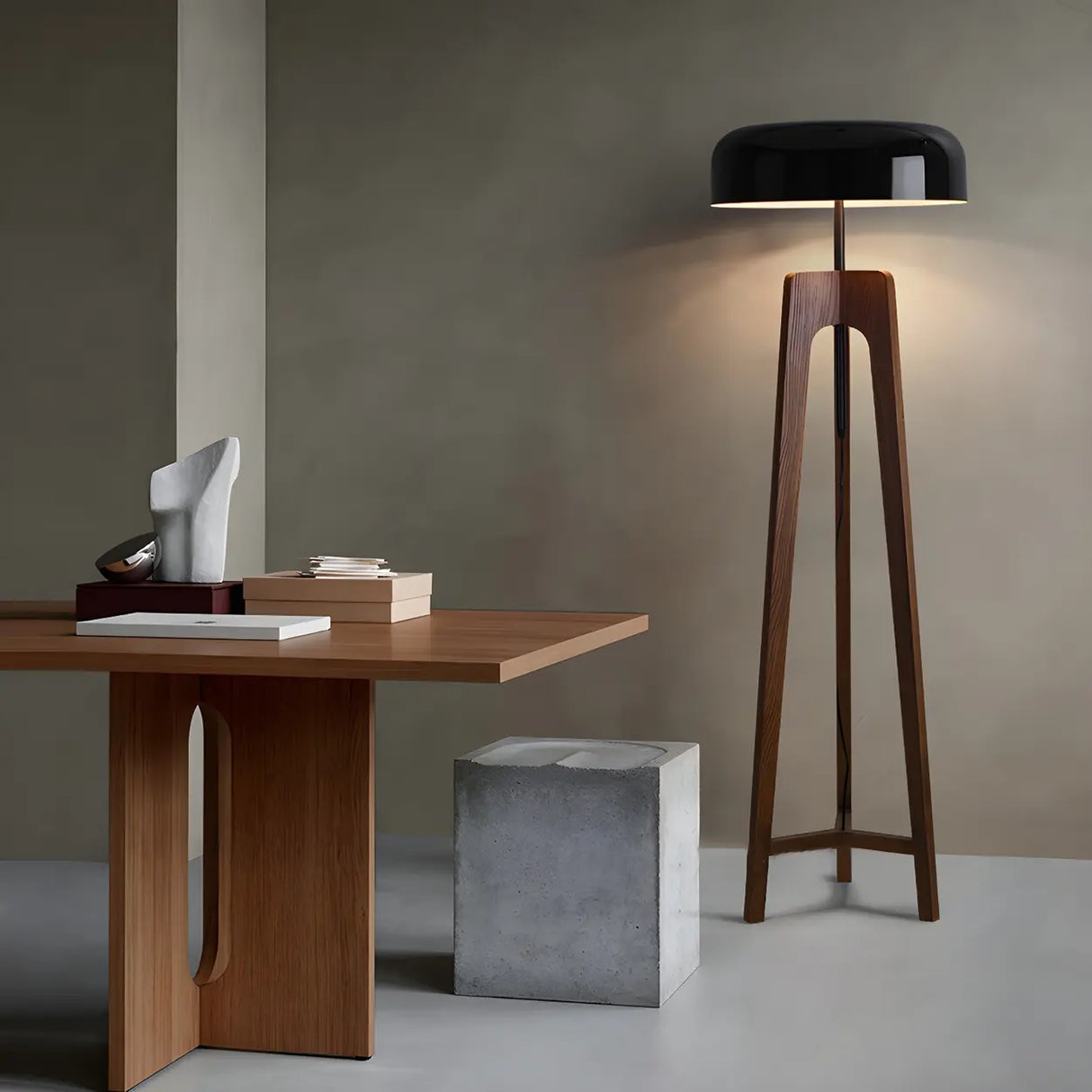 Simple Black Dome Shade Wooden Tripod Floor Lamp Image - 4