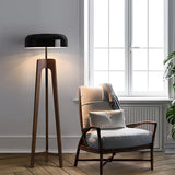 Simple Black Dome Shade Wooden Tripod Floor Lamp Image - 6