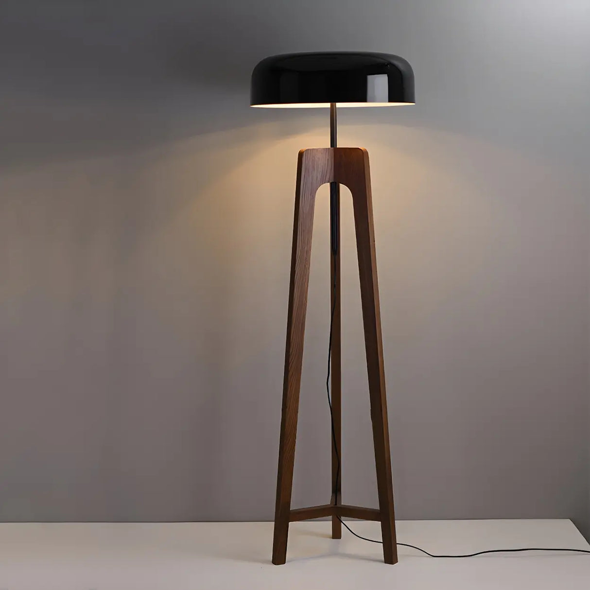 Simple Black Dome Shade Wooden Tripod Floor Lamp Image - 8