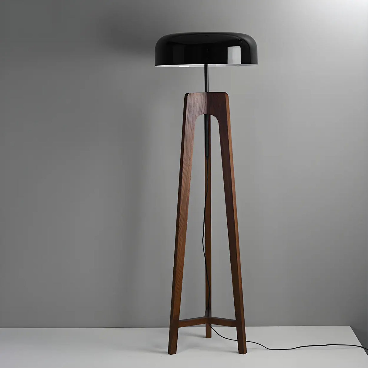 Simple Black Dome Shade Wooden Tripod Floor Lamp Image - 9