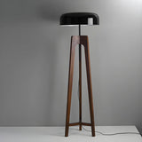 Simple Black Dome Shade Wooden Tripod Floor Lamp Image - 9