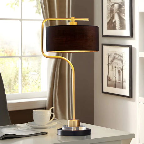 Simple Black Drum Fabric Shade Gold Metal Table Lamp Image - 1