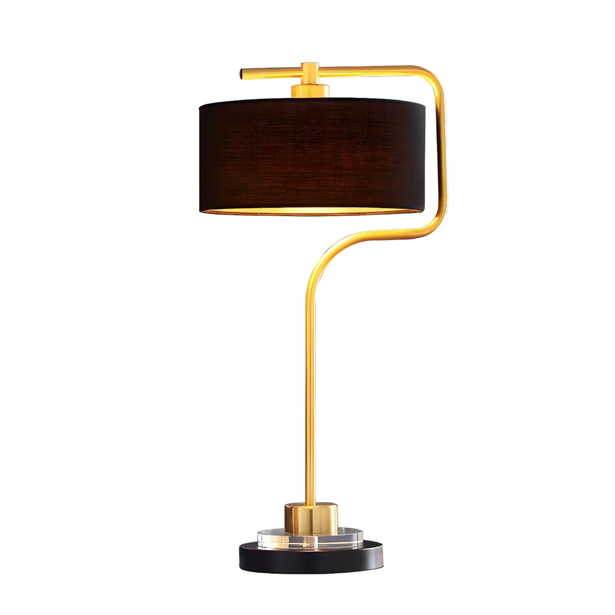 Simple Black Drum Fabric Shade Gold Metal Table Lamp Image - 5