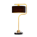 Simple Black Drum Fabric Shade Gold Metal Table Lamp Image - 5