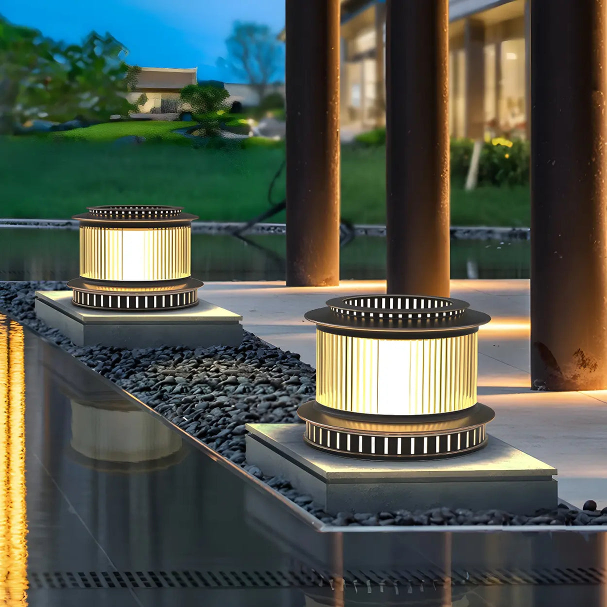 Simple Black LED Cylindrical Metal Outdoor Post Lamp Image - 4