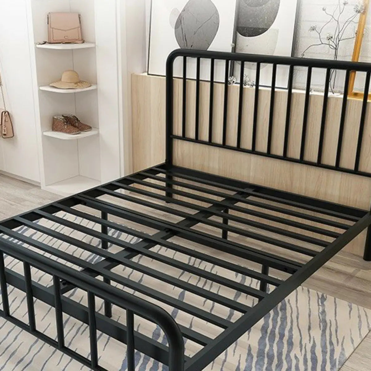 Simple Black Rectangular Iron Open-Frame Bed with Legs Image - 11