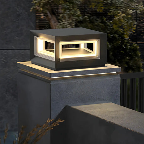 Simple Black Rectangular Metal Frame Post Outdoor Lamp Image - 1